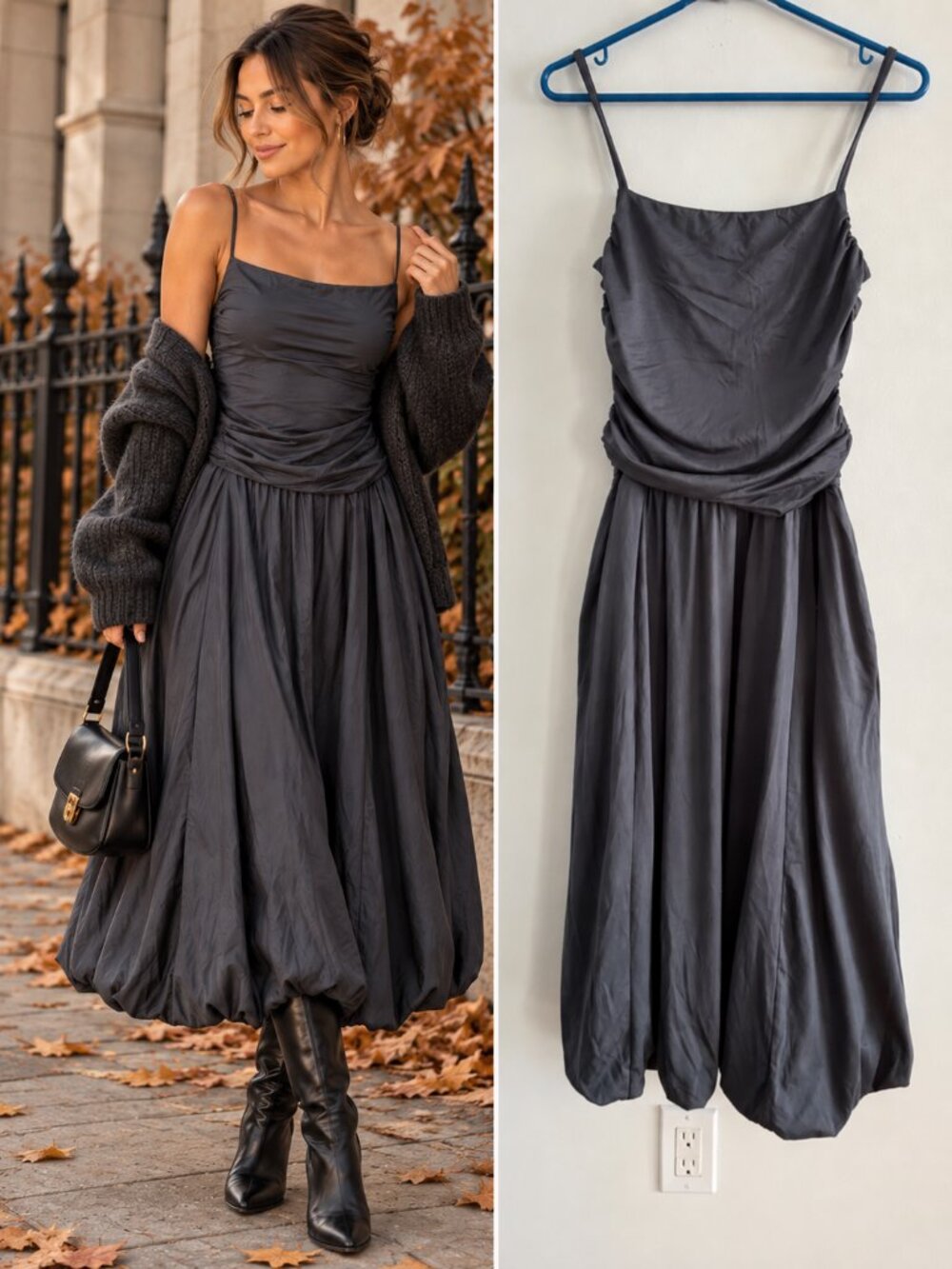 Hollister Charcoal Gray Ruched Bubble Hem Midi Dress Balletcore Y2K S